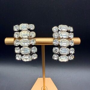Vintage Rhinestone Clip Earrings Clear Emerald Cut Silver Tone Art Deco Bridal